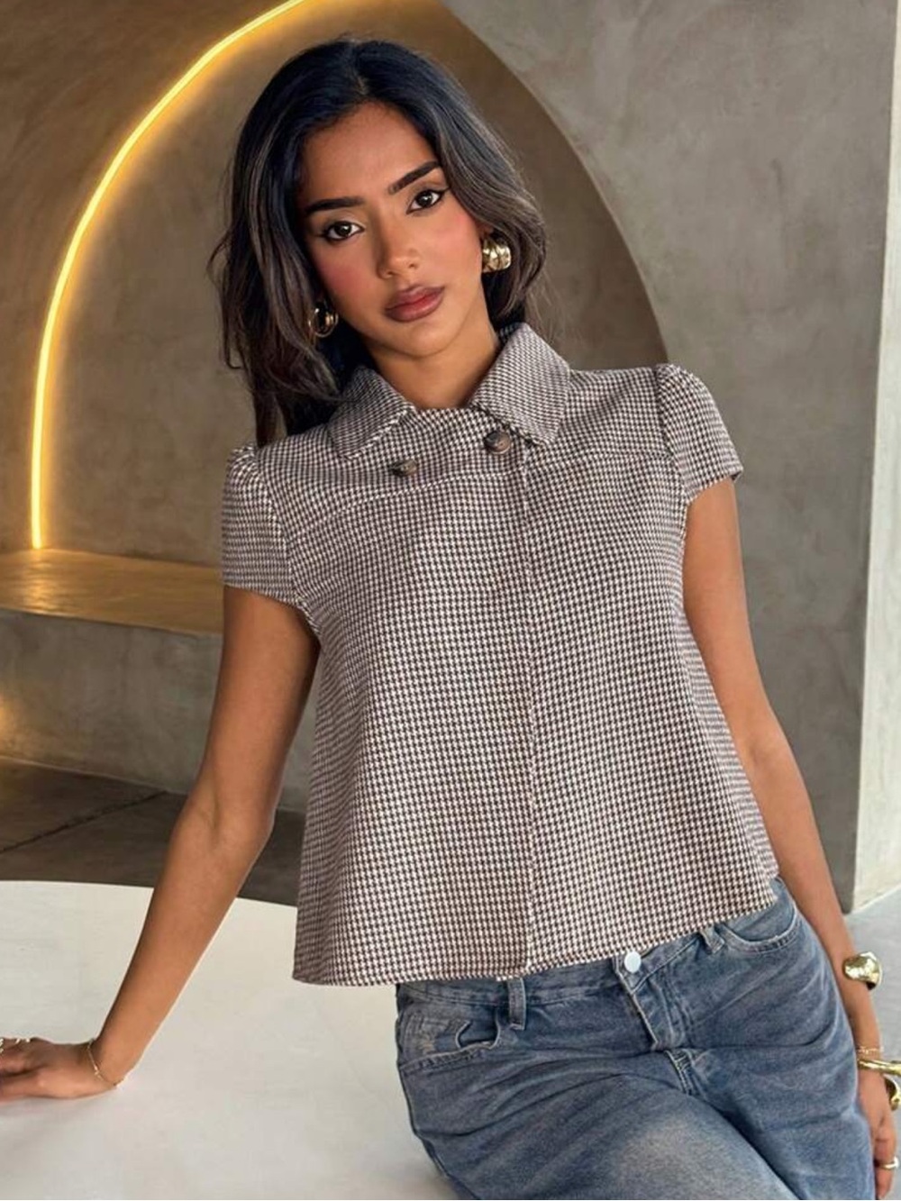 Aloruh Small Check Peter Pan Collar Jacket For Back To School